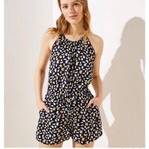 Loft lemon navy romper halter eyelet trim keyhole back pockets drawstring waist